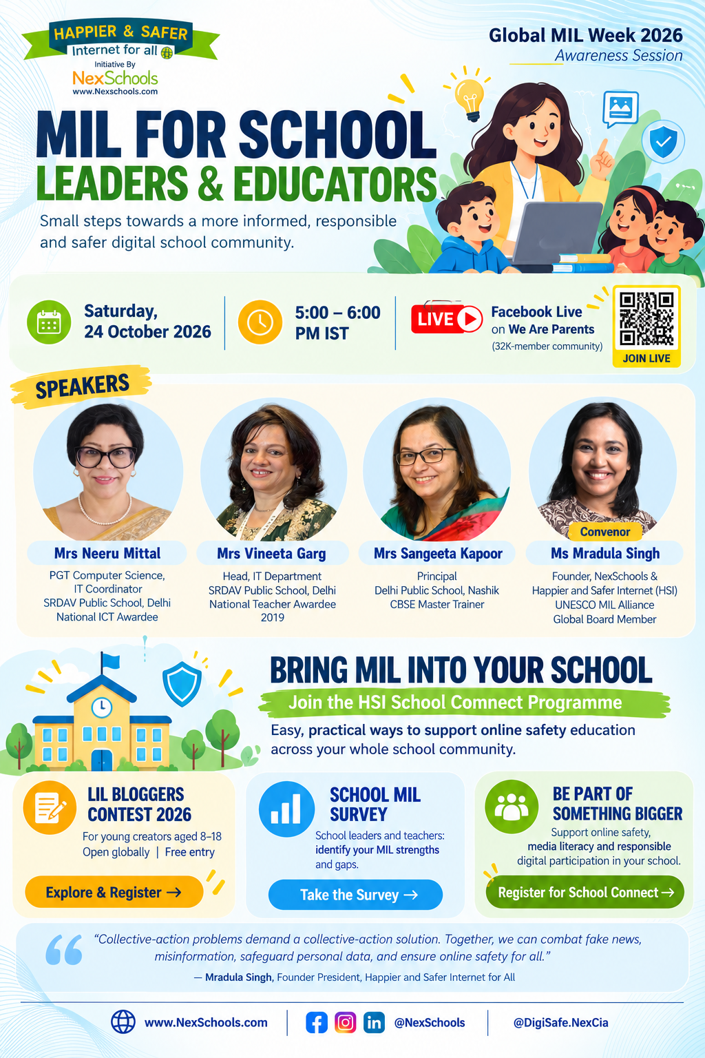 UNESCO Global MIL Week Event, MIL for Educators and Schools Talk by Happier and Safer Interent (HSI) by NexSchools, Mradula Singh Founder NexSchools UNESCO Global MIL Week, School Connect , Educators, Principals Courses and Training Information Literacy